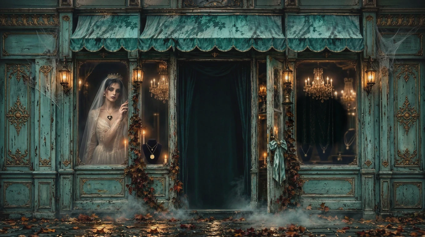 A veiled ghost bride wearing Divina's black-heart gold necklace in a mint Victorian jewellery boutique, with gold sunburst and medallion necklaces on display